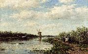 Willem Roelofs Figures On A Country Road Along A Waterway oil on canvas